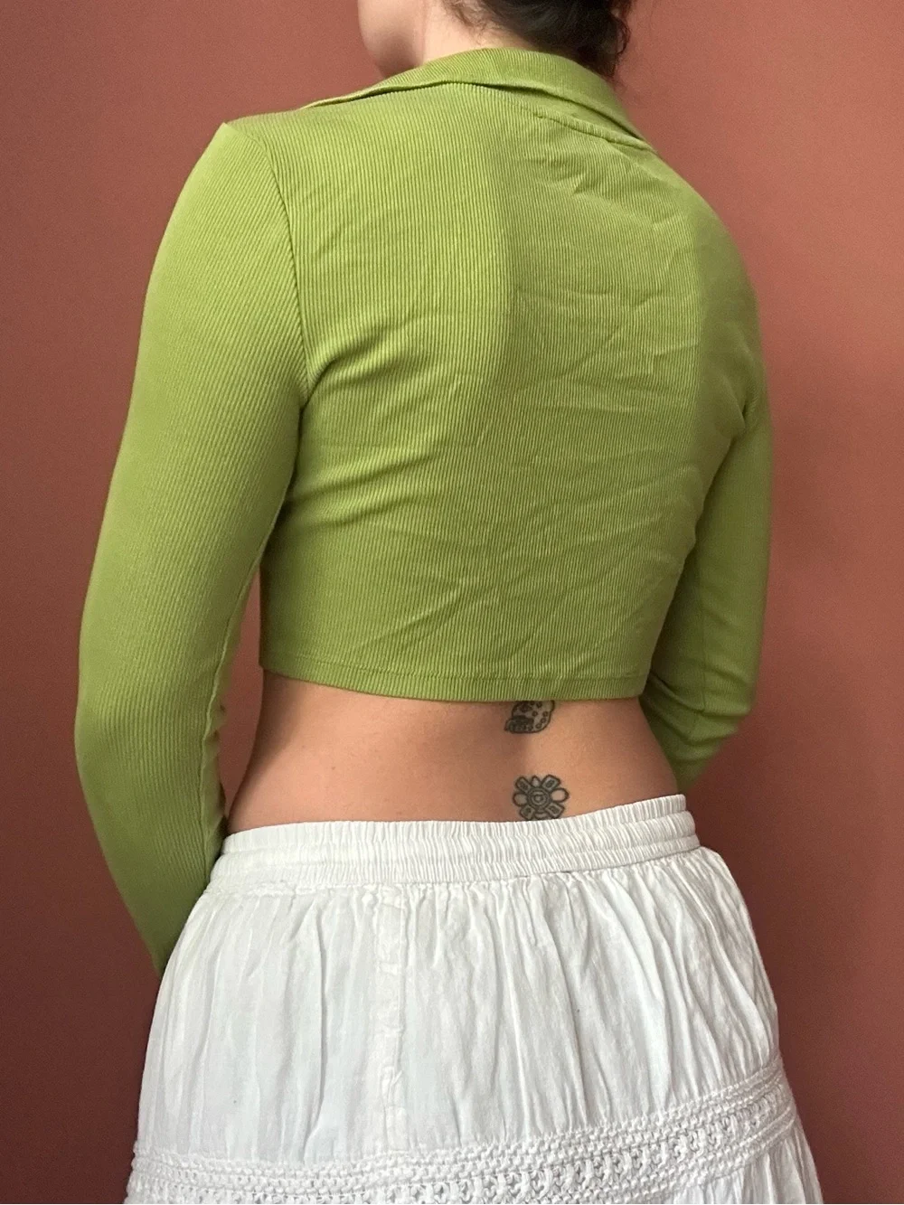 Zara Green Ribbed Cropped Polo Top